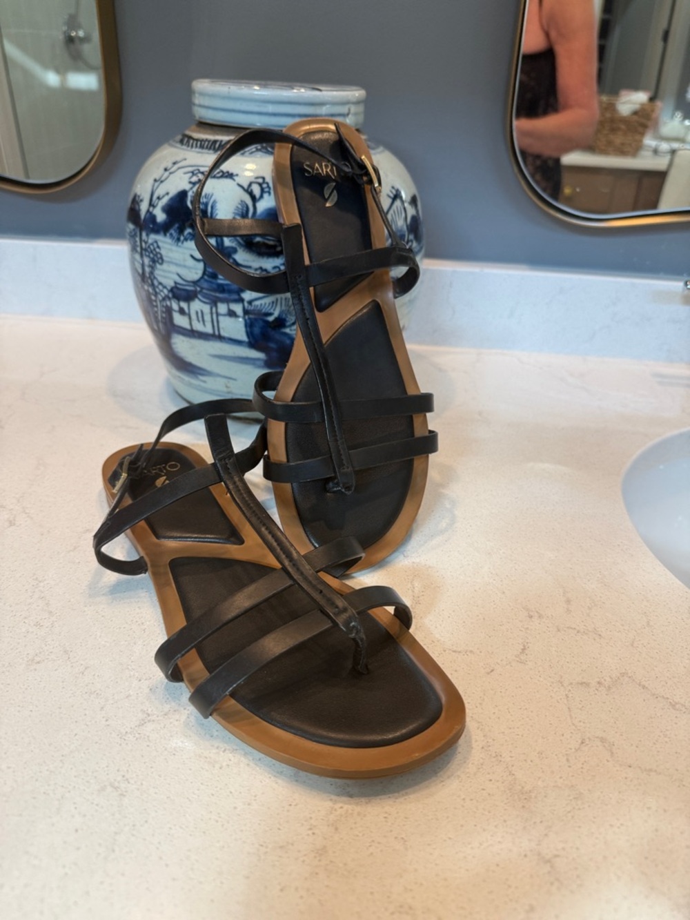 SARTO By Franco Sarto Black and Tan Strappy Flat Sandals